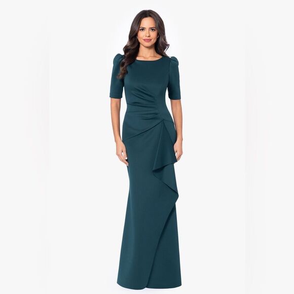 NWT XSCAPE | Hunter Green Demi 3/4 Sleeve Side Ruched Floor Length Gown 14 - Picture 1 of 14